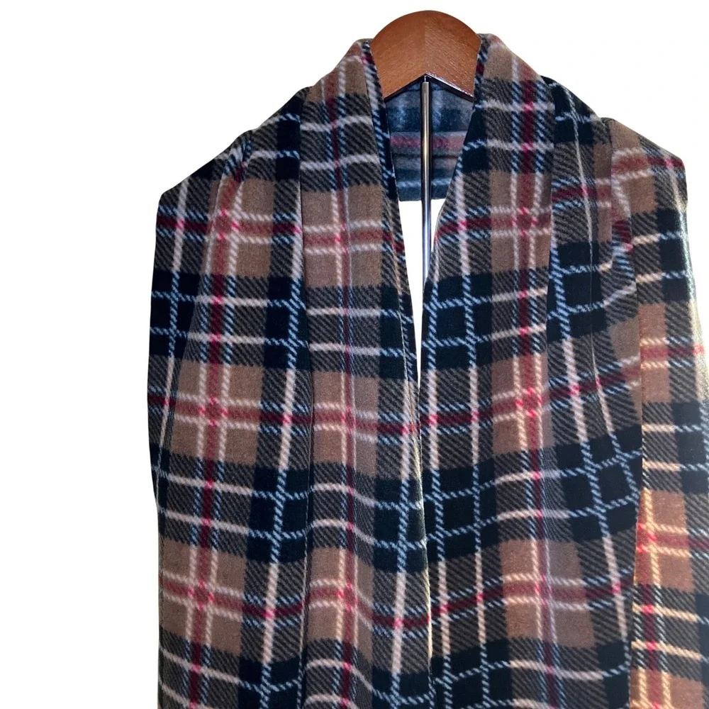 Old Navy Plaid Fleece Scarf Cozy Warm Tan Black Red Blue Fringe One Size Womens